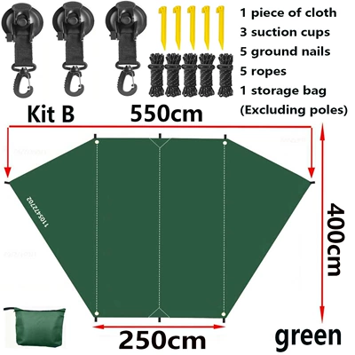 Avtomobil yan çətirləri silver-coated canopy, outdoor camping - green-kit-in-butterfly-shape-25x4x55m