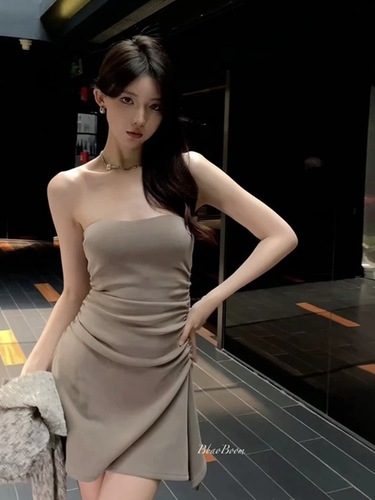 Pure Desire Bodysuit Dress for Women Summer Short Skirt Hot Girl FittedWaist Pleated Tight Bodycon Sexy Asymmetric Word Dress