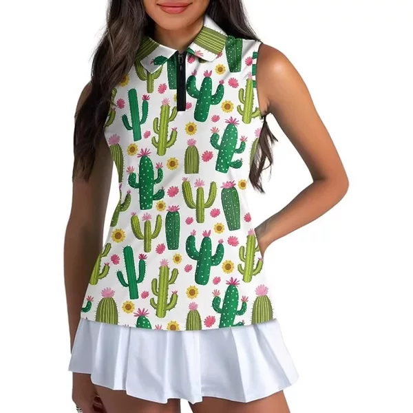 Cross-Border European and American Style Sleeveless Zip-Up Golf Shirt for Women, Polo Shirt with Plant and Floral Print, Custom Design from Provided Images