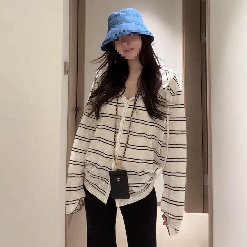 撞色条纹长袖连帽开衫外套女夏季2025新款单排纽扣薄款防晒衫上衣|undefined