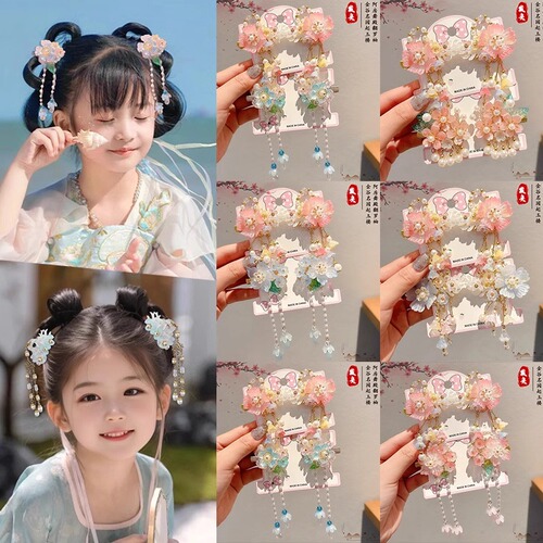 Ancient-style Hanfu hair accessories, featuring a side bang with a headband, new Chinese style tassel step-skewer hair clip for children