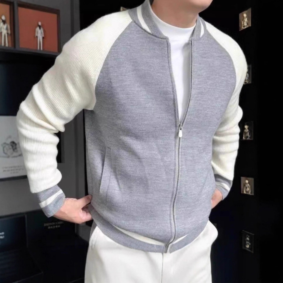 2025 Autumn and Winter New Fashion Design Color-Blocked Sweater Jacket Men's Accessible Luxury High-End Long-Sleeved Round Neck Cardigan