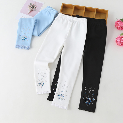 Elsa Princess Thermal Lined Leggings with Embroidered Diamond Trim, Children's Medium Size, Autumn/Winter Style Outerwear Pants