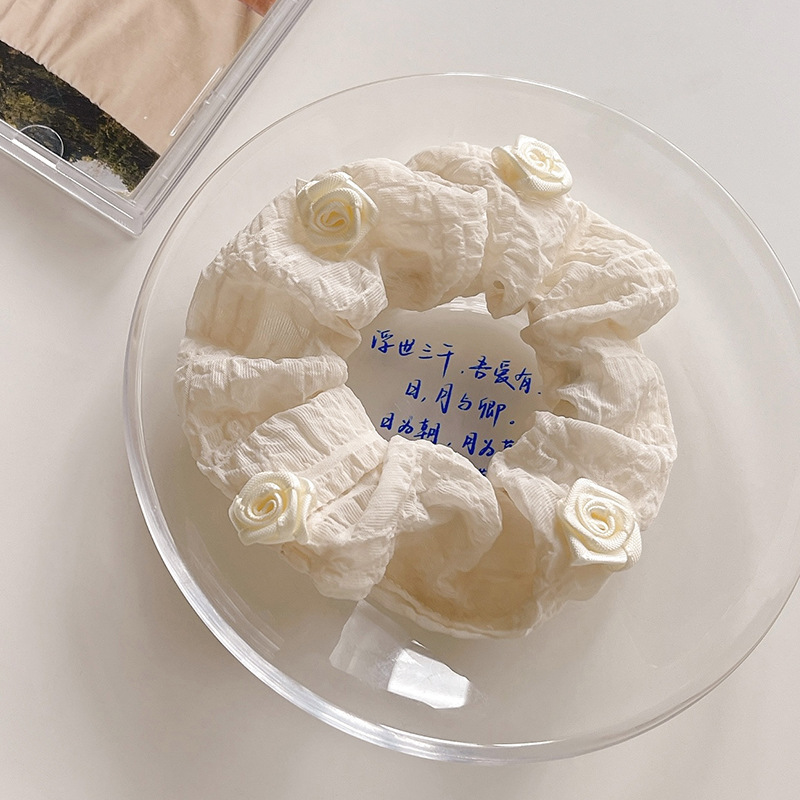 Encaje de flor coreana Encaje de intestino grueso Anillo de cabello femenino Cabeza de flor de viento pastoral Cuerda de cabeza de bola de gran tamaño Accesorios para el cabello de alta calidad