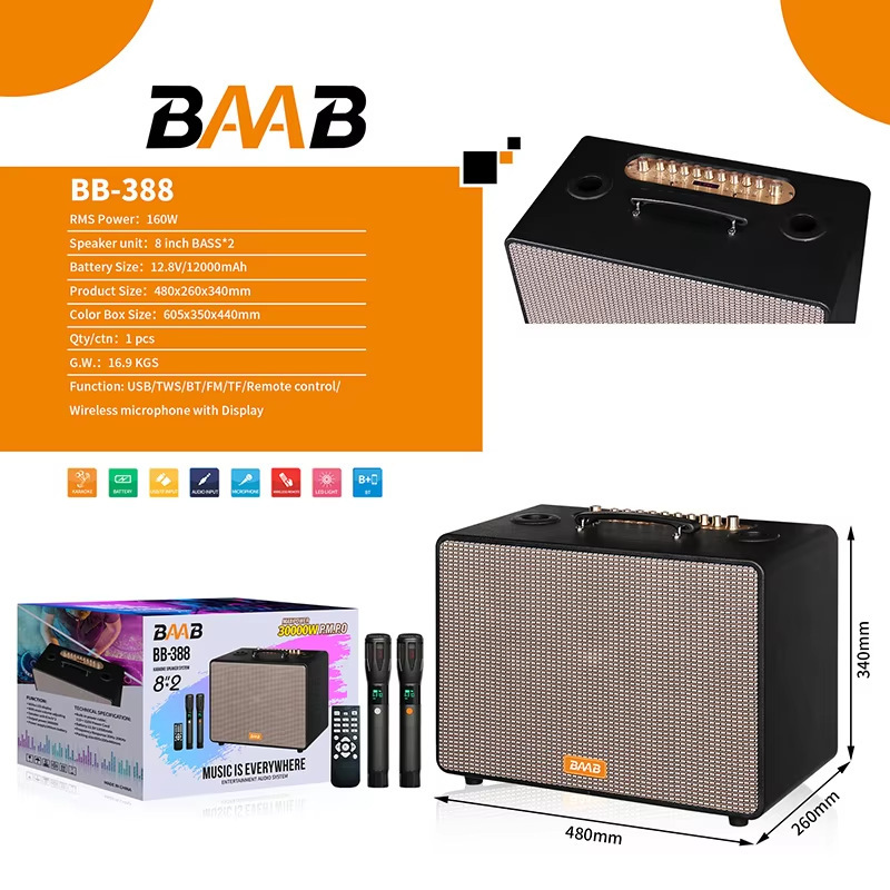 BAAB-388 2*8 inch DJ wooden speaker portable portable microphone square dance outdoor Bluetooth HIFI audio