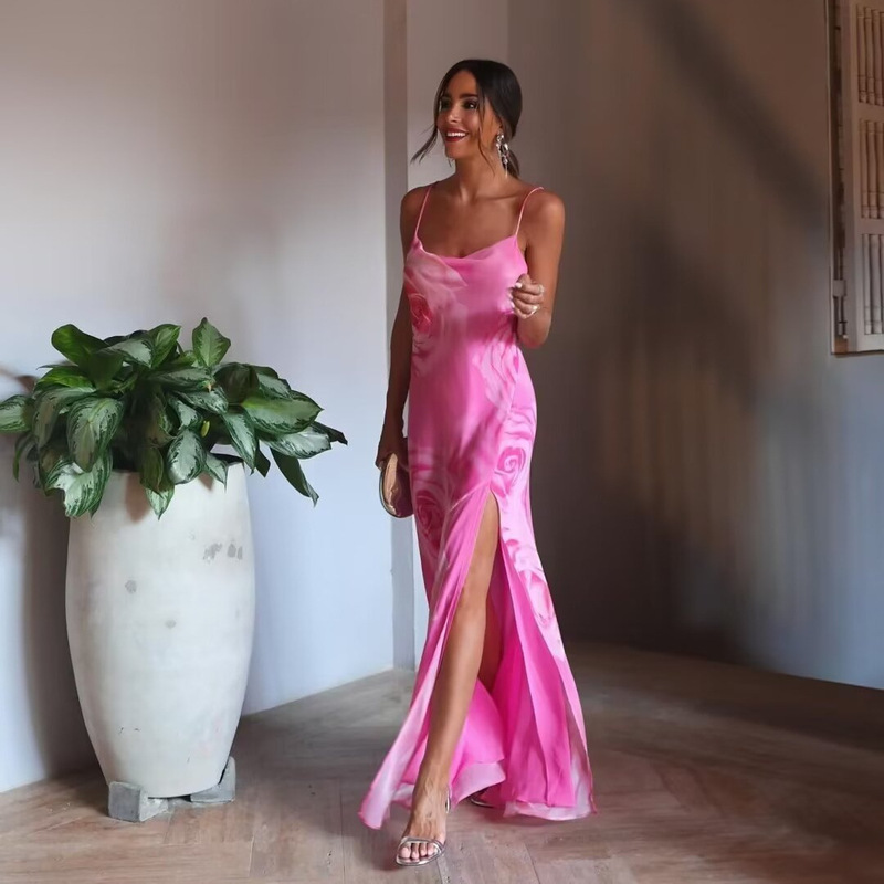 Cross-Border European and American Clothing Summer New Style Printed Suspender Backless Sexy High Slit Long Skirt Temperament Fashionable Dress