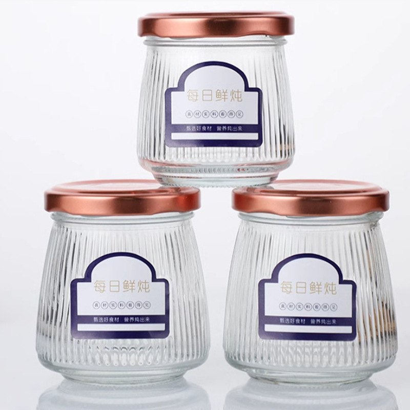 High Temperature Resistant Fresh Stewed Bird's Nest Bottle Glass Bottle Vertical Pattern Jam Empty Bottle Flower Gum Bottled Food Grade Sealed Canned Bottle