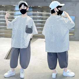 男童夏装套装2026新款中大童洋帅气男孩衣服夏天条纹短袖夏季网红