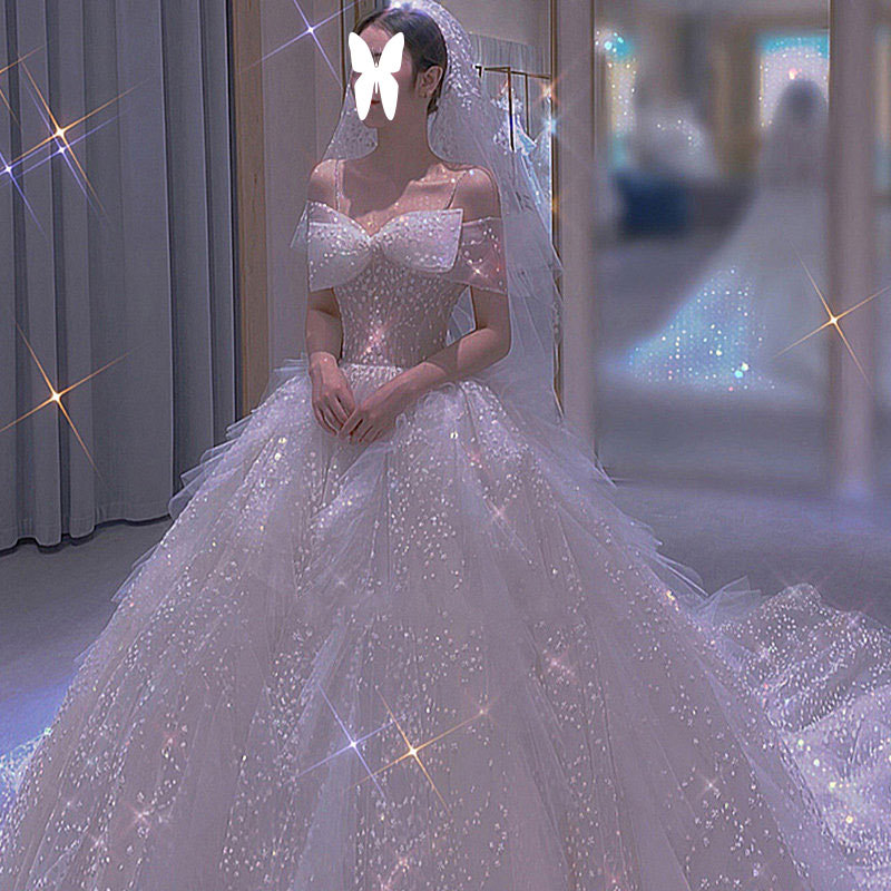 Vestido de novia ligero estilo francés, modelo nuevo 2025, elegante, para novias pequeñas, sencillo y grandioso, vestido de novia estilo cielo estrellado de Suzhou con cola.