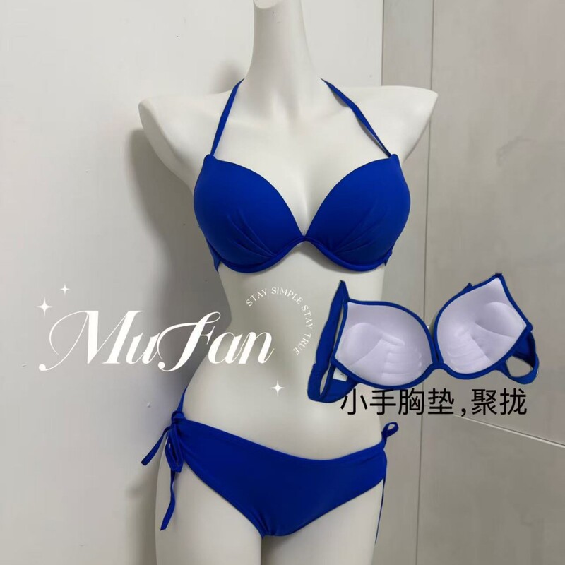Sexy Bikini Thickened Small Hand Chest Pad with Steel Bracket Gather Swimsuit Women's Beach Vacation Sexy Three-point Split