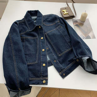 Design Sense Niche Retro Denim Jacket Large Pocket Dark Blue Loose Short Top All-match Hong Kong Style Tooling Denim