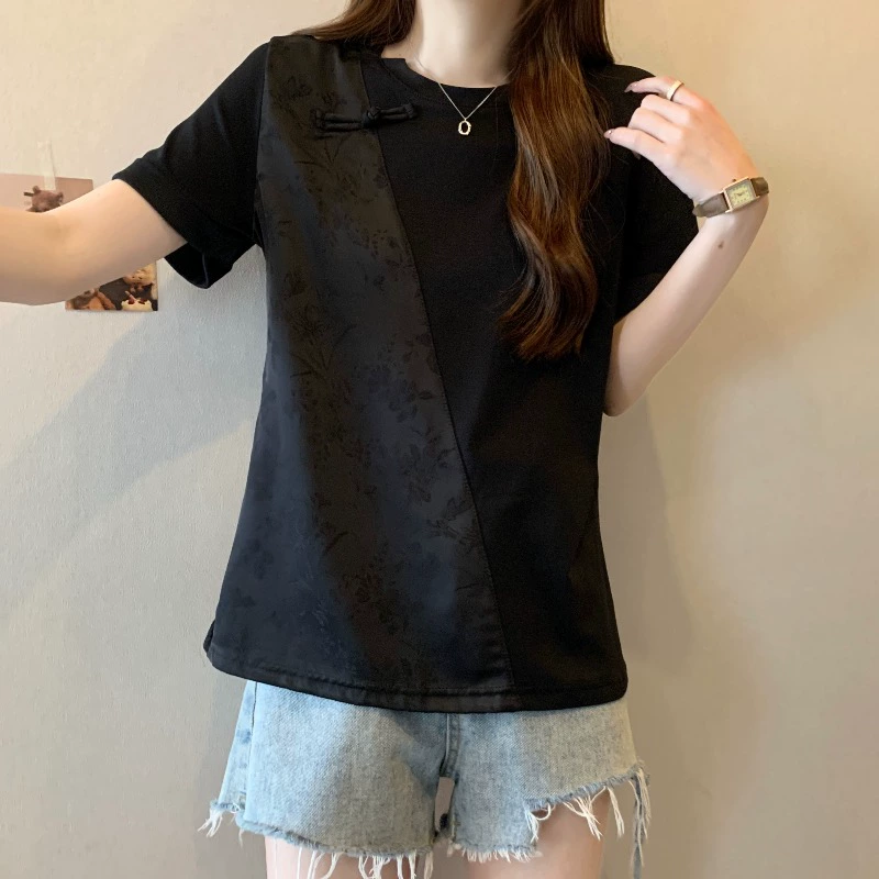 Черная футболка с короткими рукавами в китайском стиле для женщин, новинка 2025 года, лето, большие размеры, утягивающий обычный топ с плечами, новый китайский топ