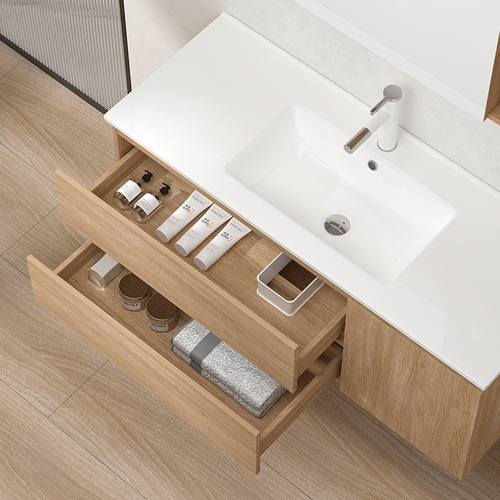 Custom wholesale original wood color integrated ceramic sink bathroom cabinet mirror cabinet set with face basin cream style bathroom