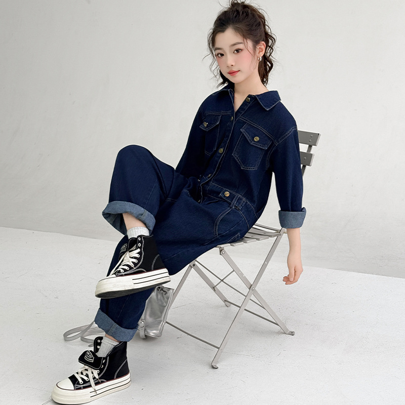 Girls' Retro Workwear Denim Jumpsuit 2026 Autumn New Fashion Stylish High-Waisted Slimming Straight-Leg Pants for Older Children
