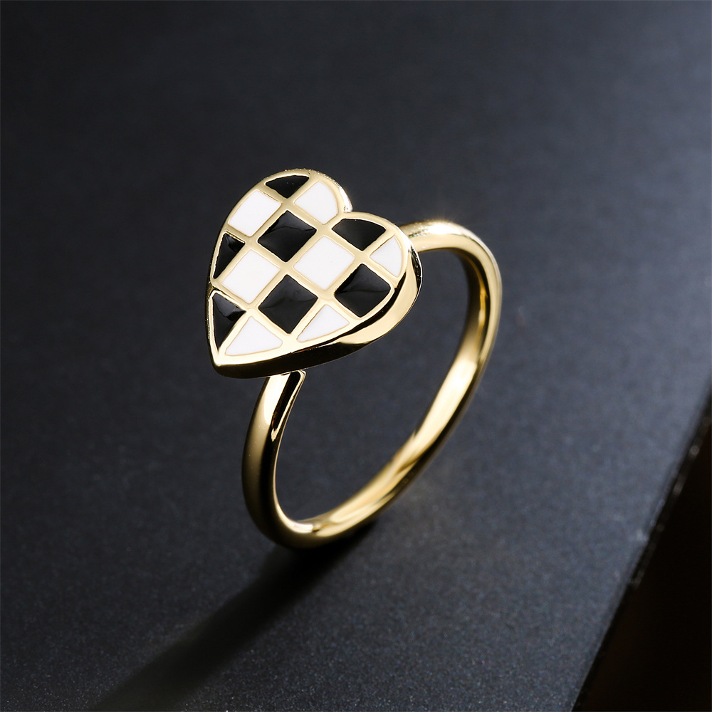 Fashion Copper Plated 18k Gold Black And White Dripping Oil Heart Open Ring Female display picture 3