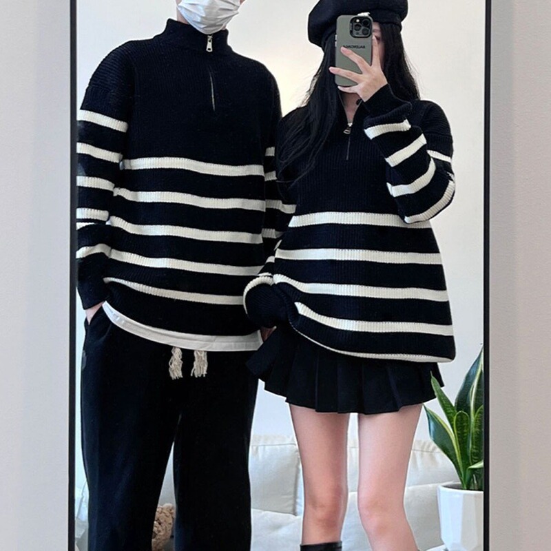 Half zipper striped sweater women's stand collar autumn and winter New lazy high-grade loose pullover bottoming sweater coat Half zipper striped sweater women's stand collar autumn and winter New lazy high-grade loose pullover bottoming sweater coat