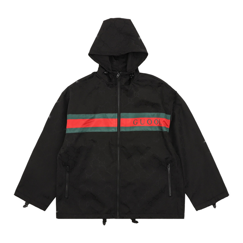 2025 Autumn and Winter New g Brand Red and Green Webbing Hooded Windbreaker Jacket Focuses on Lujia Pula Bbt Mongolian High Version