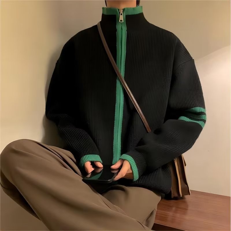 Primavera y otoño transfronterizos temperamento coreano estilo zipper hombres y mujeres cardigan suéter de cuello alto tendencia suelta gruesa chaqueta de punto