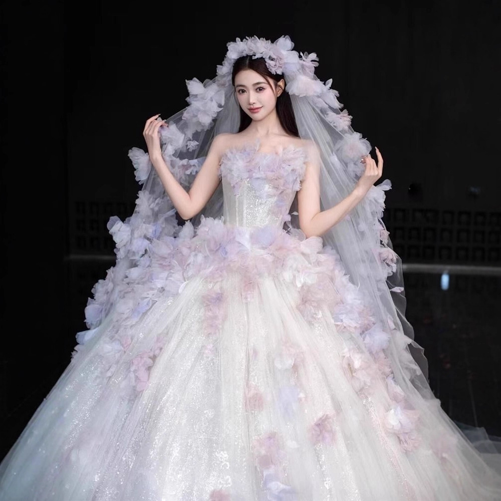 Light Luxury High-End Floral Wedding Dress 2025 New Fairy Forest Style Light Wedding Dress Runaway Princess Tutu Skirt Wedding Veil