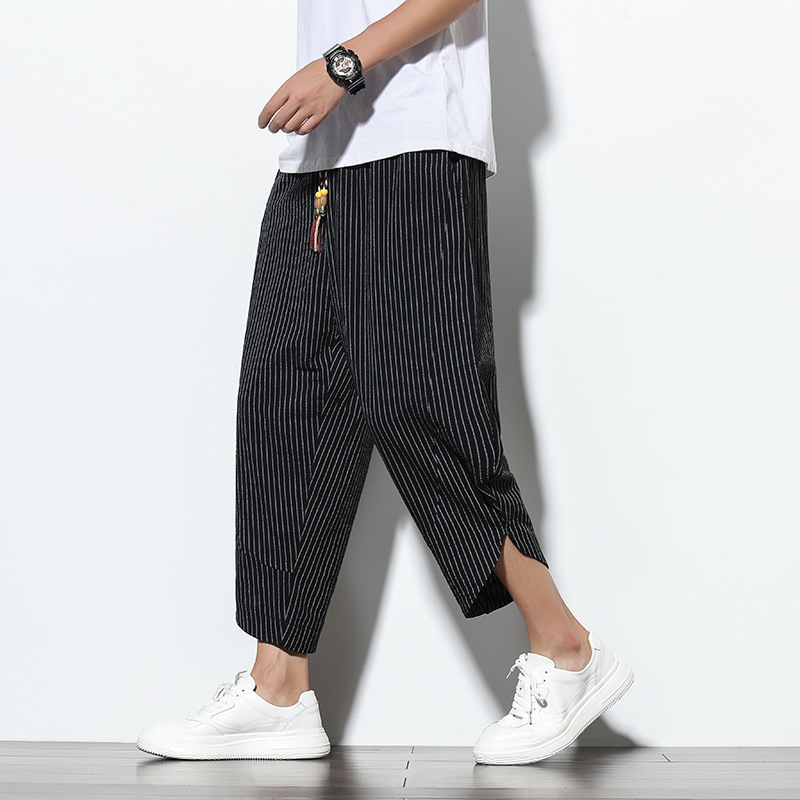Summer Chinese Style Striped Casual Capri Pants Men's Loose plus size Japanese Style Wide Leg Pants Trendy Harlan Pants K57P40