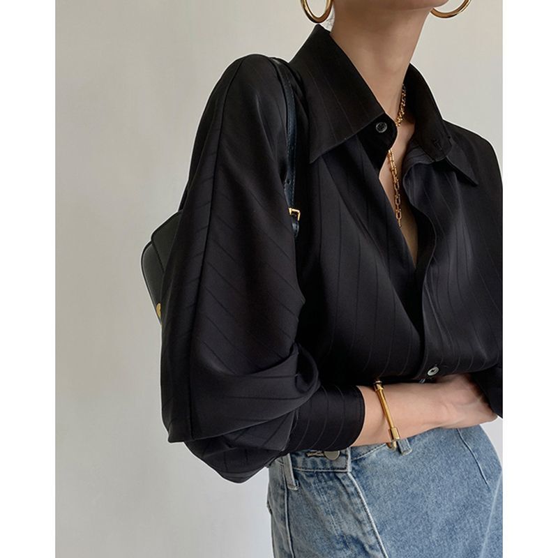 Black Satin Striped Shirt Women's Design Sense Niche Spring and Autumn Women's Long Sleeve Korean Style Chic Top Vintage Shirt
