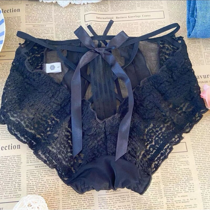 2023 new sexy hollow transparent solid color fairy ribbon bow high waist cotton Women's mesh lace underwear