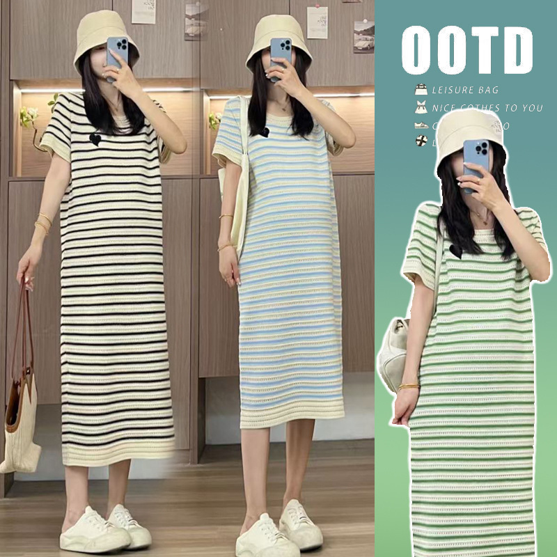 Maternity Dress Summer 2026 New Fashion Loose Hollow-Out Heart-Shaped Trendy Striped Ice Silk Dress
