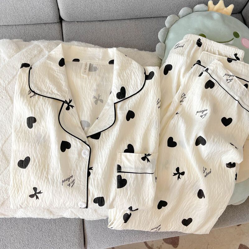 Cloud Pure Cotton Gauze Pajamas for Women, Spring, Autumn and Summer Long-Sleeved Sweet Bow Girl Cardigan Home Wear Set