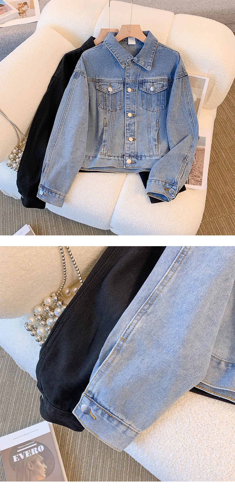 Women’s Vintage Denim Jacket – Classic Indigo & Black Single-Breasted Cardigan Coat (S-2XL)_mkmklike.com