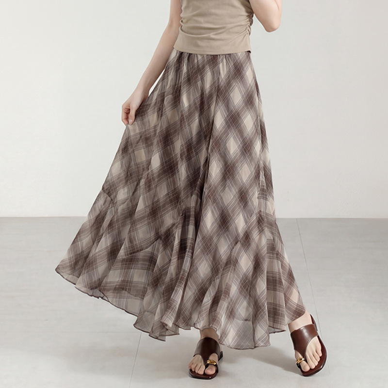 Unique Irregular Plaid Flowy Large Hem Skirt for Women, New Spring/Summer Style Fishtail Chiffon A-Line Skirt Unique Irregular Plaid Flowy Large Hem Skirt for Women, New Spring/Summer Style Fishtail Chiffon A-Line Skirt