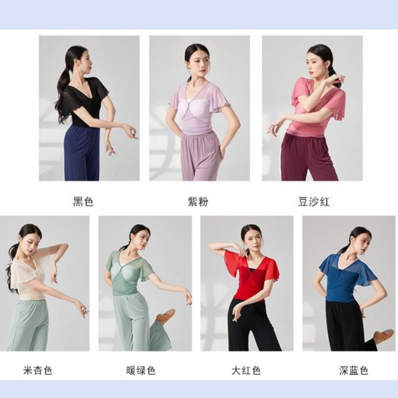 Classical dance basic training body rhyme practice clothing dance mesh short gauze top women's elegant small flying sleeve Classical dance basic training body rhyme practice clothing dance mesh short gauze top women's elegant small flying sleeve