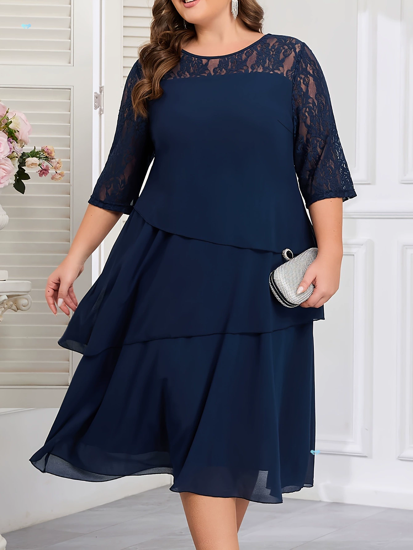 Элегантное темно-синее кружевное шифоновое платье миди больших размеров, полупоперечное
