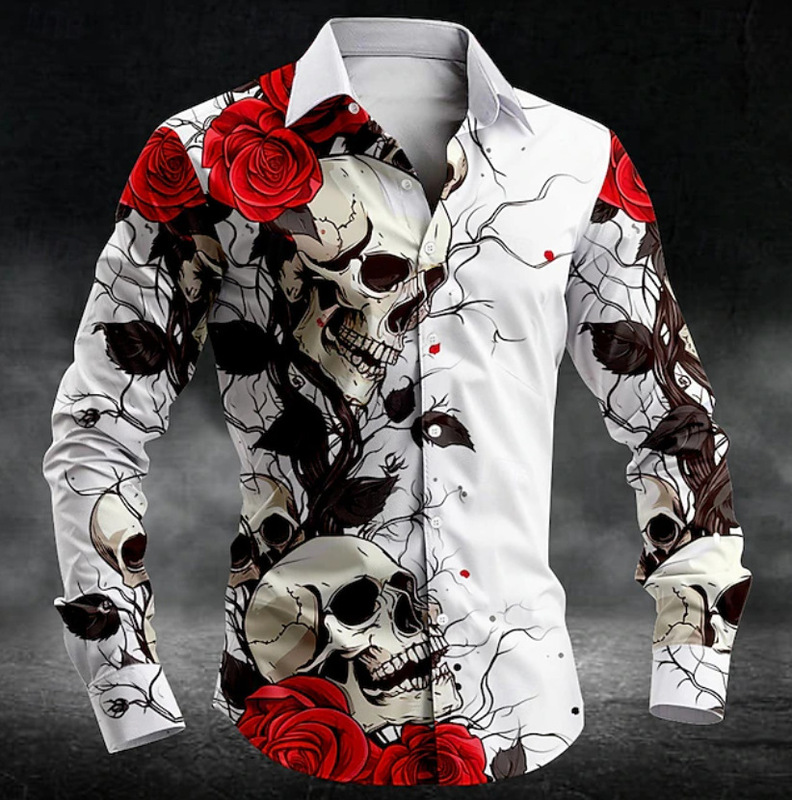 Cross-border e-commerce bestseller: Halloween-themed skull 3D digital print men's long-sleeve shirt, perfect for spring and autumn Cross-border e-commerce bestseller: Halloween-themed skull 3D digital print men's long-sleeve shirt, perfect for spring and autumn