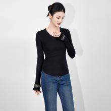 2515102-绝美羊毛混纺袖口拼接兔毛针织衫打底弧形摆秋冬上衣新款