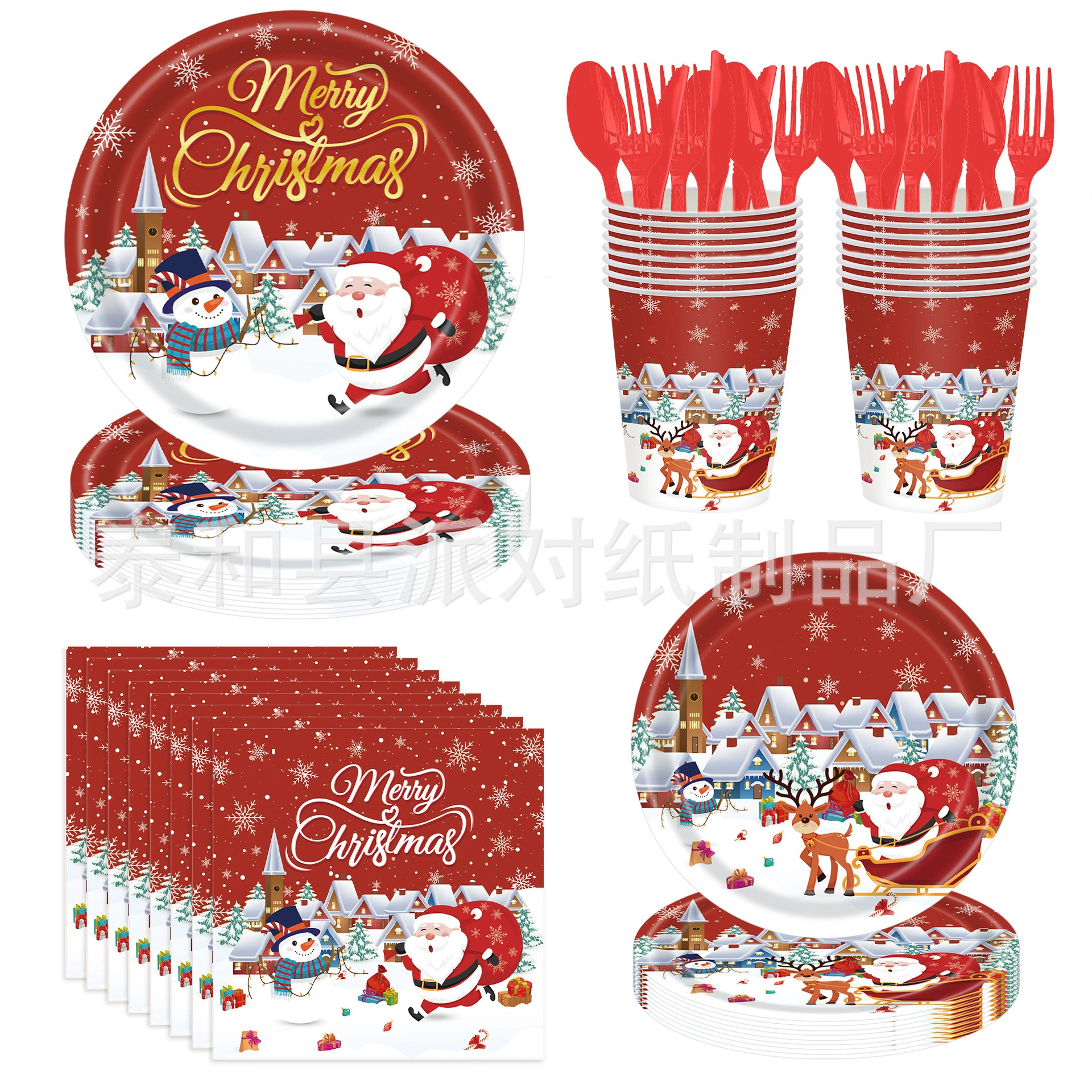 Новый рождественский мультяшный декоративный набор одноразовая вечеринка бумажный стаканчик скатерть бумажный лоток для украшения праздничных принадлежностей