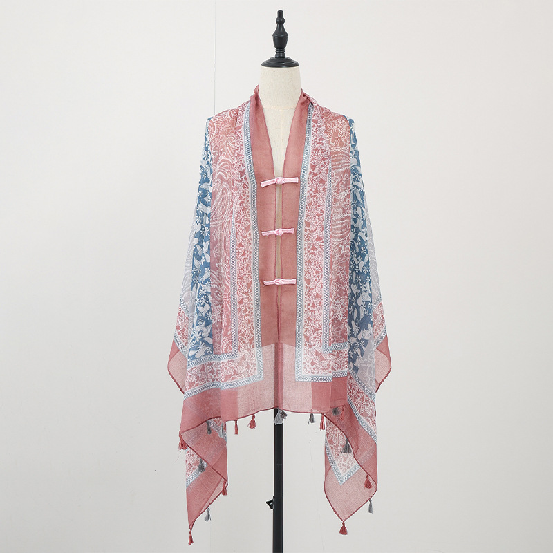 Chal de verano con falda, estampado de verano, nuevo estilo chino, bufanda de seda con hebilla, chal de protección solar, chaleco pequeño