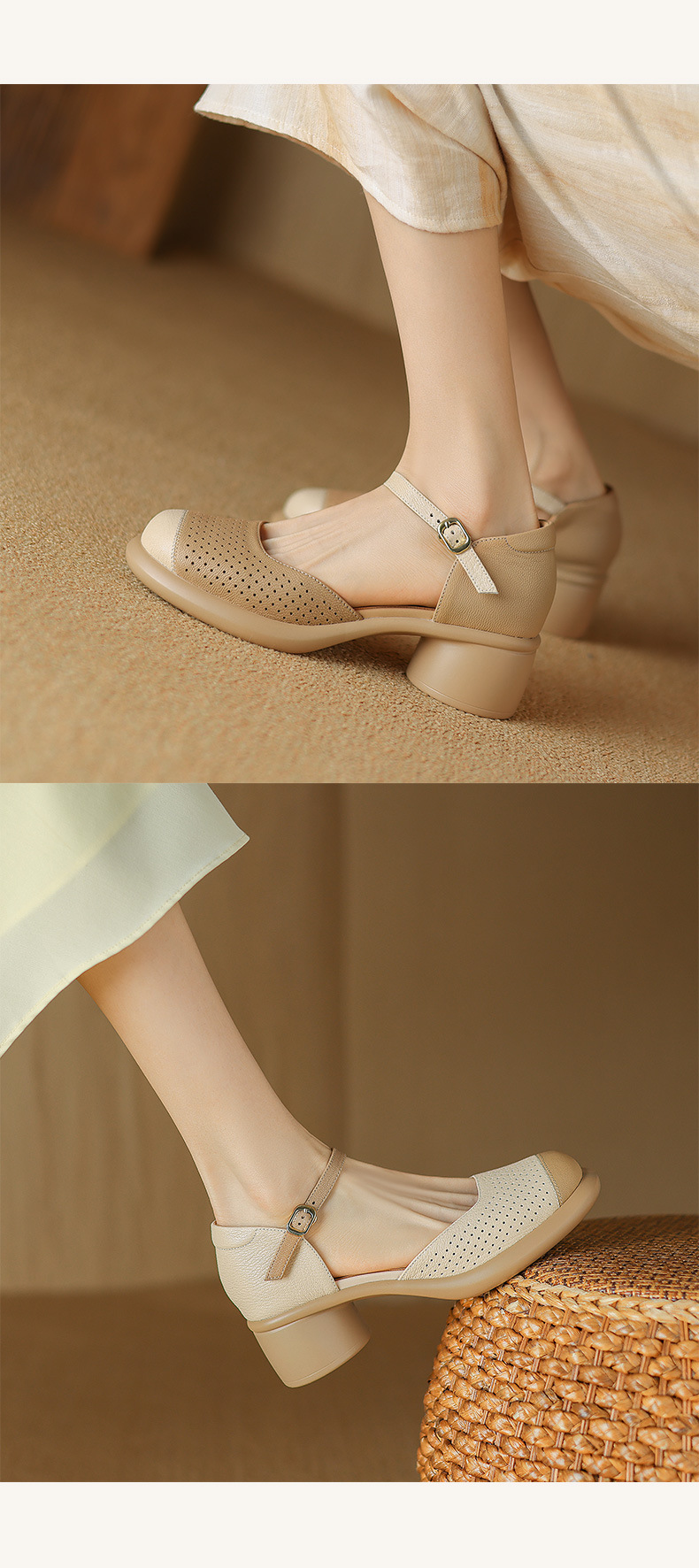 Sandal nữ mũi đục lỗ da cừu đế dày gót thô — Màu trắng be chi tiết 10