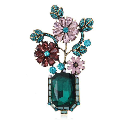 European and American retro Baroque palace style vase brooch, temperament rhinestone flower pin, fashionable and elegant suit accessories