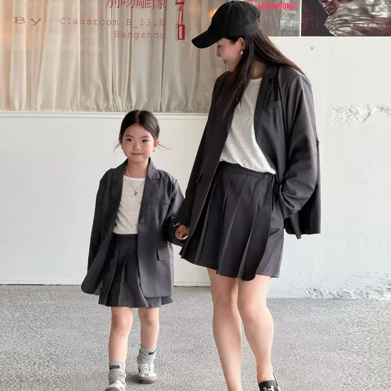 亲子装西装2025秋季新款韩版宽松洋气学院风西服百褶裙套装母女装