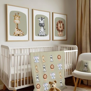 Children's Cartoon Animals Lion Giraffe Zebra Kindergarten Baby Room Canvas Decorative Painting Core Frameless Poster