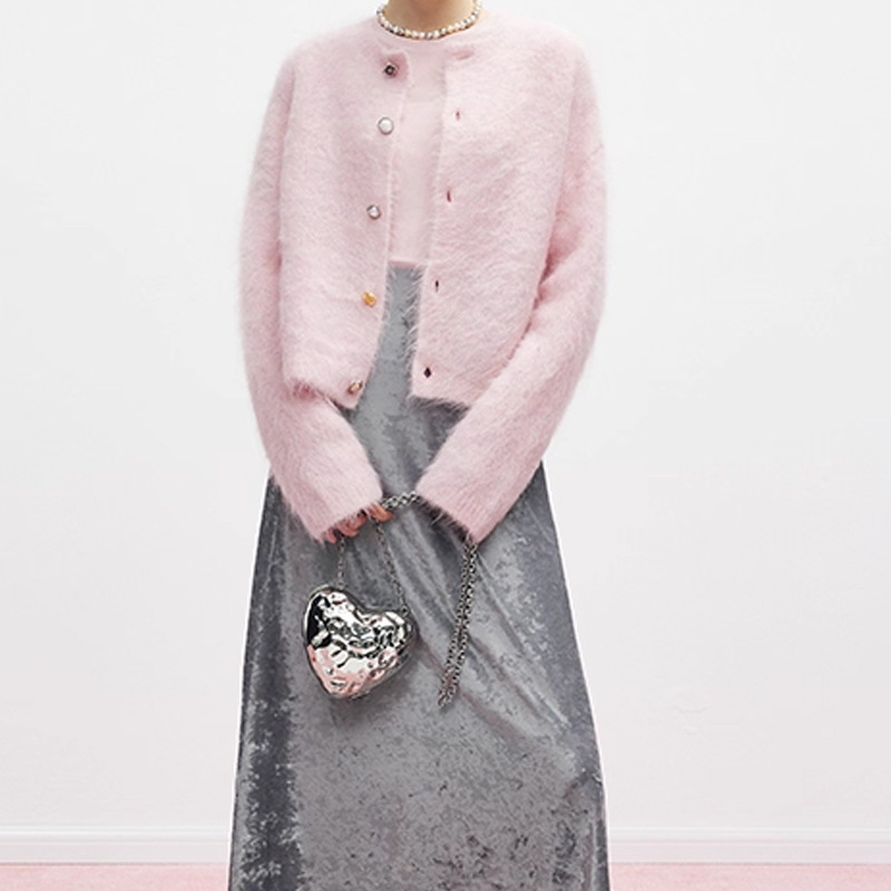 Mandyzha Peruvian Soft Waxy Alpaca Pink Knitted Cardigan Jacket Women's Autumn and Winter Lazy and Gentle Thick Top