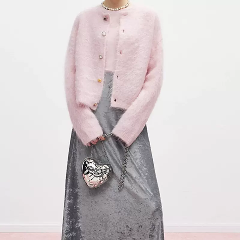 MandyZha秘鲁软糯羊驼毛粉色针织开衫外套女秋冬慵懒温柔上衣厚