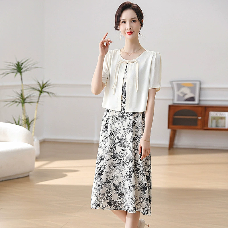 Fashionable shiffon dress, long skirt for mother, city style, shiffon with print, for middle age, 2024 years