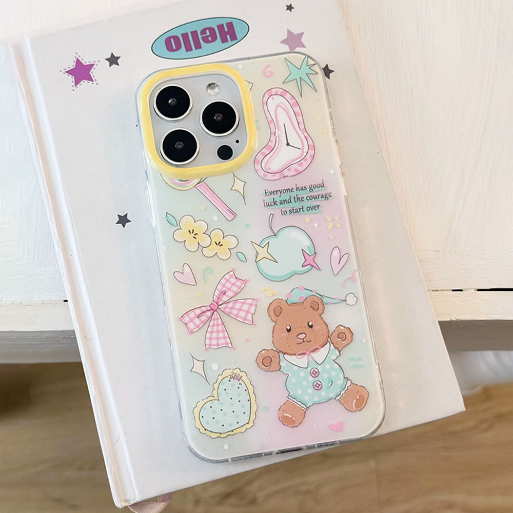 Custodia protettiva con cinturino con fiocco 3C Cartoon Bear compatibile con 16PM Cute 13 Phone Case 15 Pro_voghion.com