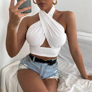 Sexy Solid Color Cross Neck Top Female�Ըм�ɫ����첱����Ů