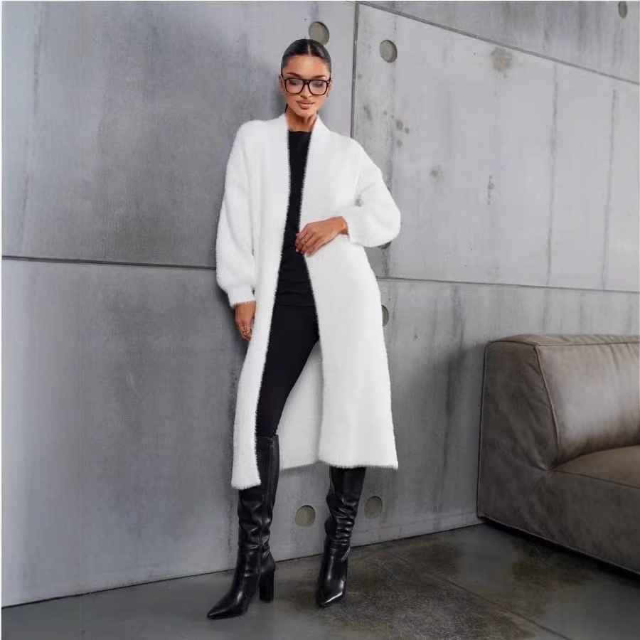 White Mink Velvet Cardigan Knitwear Long Loose Lazy Style Knitted Knitwear Jacket for Women Spring & Fall Pure Color Outer Coat