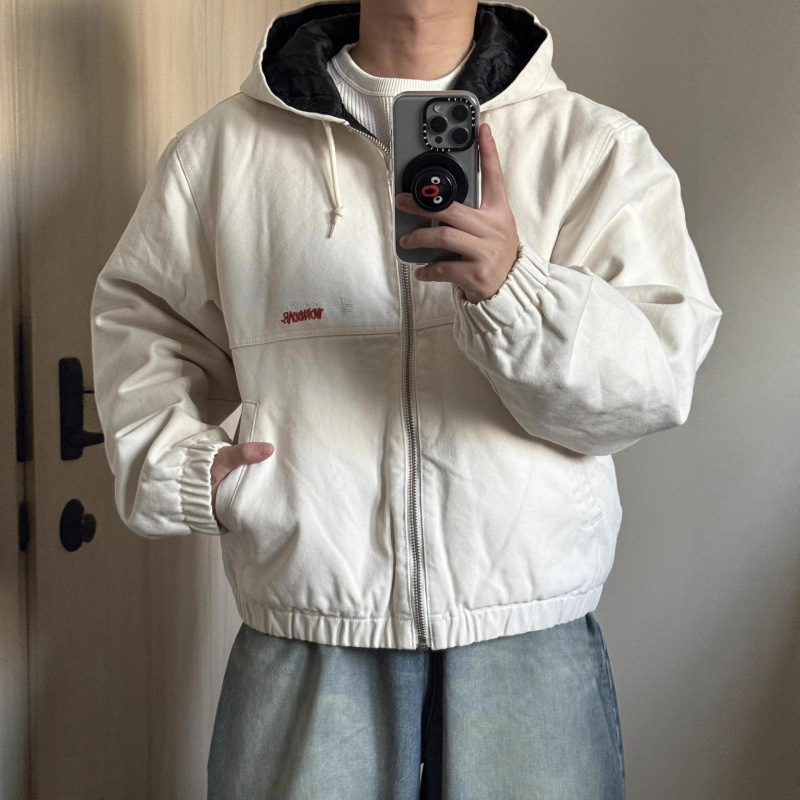 Cross-Border Stu American Retro Washed Distressed Letter Embroider Logo Work Jacket Hooded Zipper Cotton Jacket