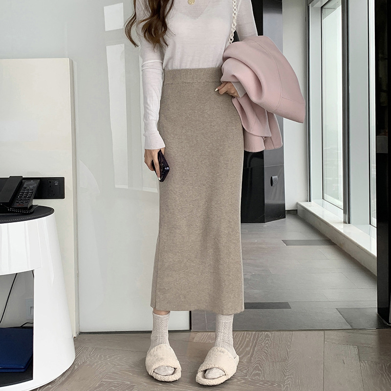 Duweier Evergreen Versatile Skirt Mid-Length Knitted Skirt Spring & Fall Slim Women's Simple Long Skirt