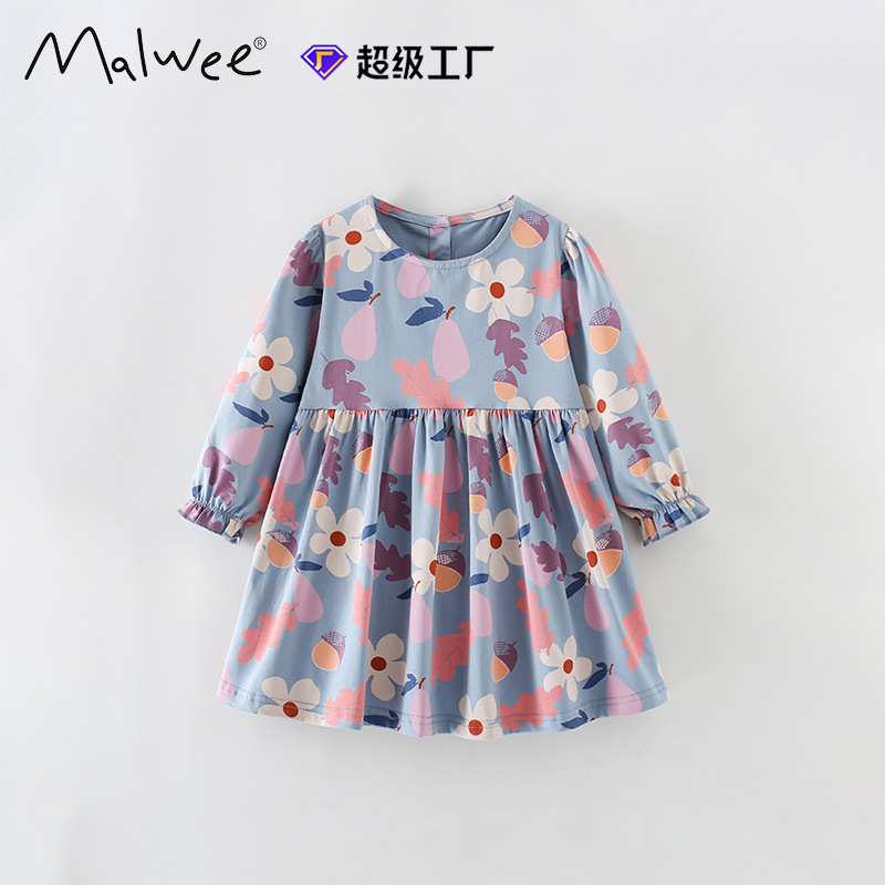 Vestidos de niñas malwee transfronterizos nuevos vestidos de otoño e invierno para niños pequeños y medianos europeos y estadounidenses con cuello redondo y mangas largas lindas impresas en flores y ropa infantil