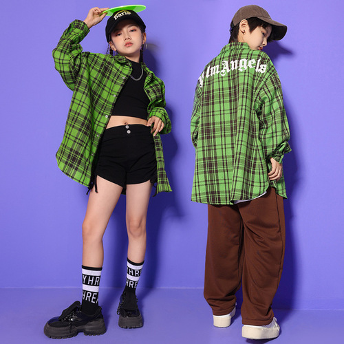 Green plaid hiphop rapper Street children wet suit boy hip-hop hiphop loose plaid shirt Hip hop street jazz dance performance uniforms show girls clothing